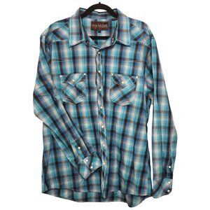 Rock & Roll Cowboy Blue Plaid Cotton Snap Button Shirt Size XL